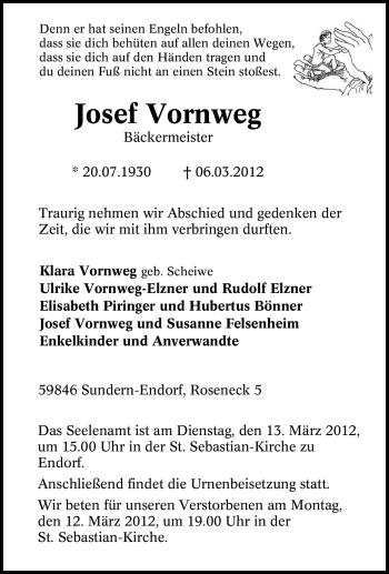 Traueranzeige von Josef Vornweg von Tageszeitung