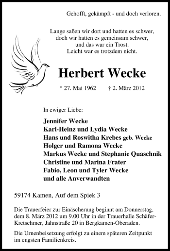 Traueranzeige von Herbert Wecke von Tageszeitung