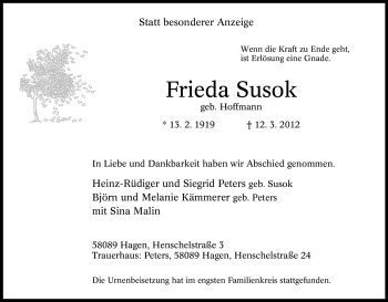 Traueranzeige von Frieda Susok von Tageszeitung