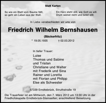 Traueranzeige von Friedrich Wilhelm Bernshausen von Tageszeitung