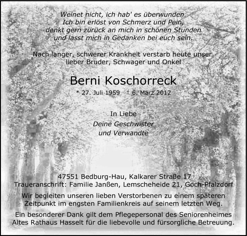  Traueranzeige für Berni Koschorreck vom 12.03.2012 aus Tageszeitung