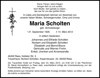Traueranzeige von Maria Scholten von Tageszeitung