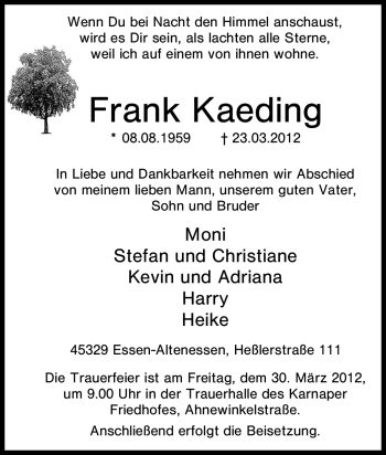 Traueranzeige von Frank Kaeding von Tageszeitung
