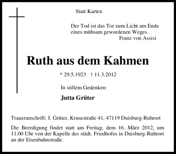 Traueranzeige von Ruth aus dem Kahmen von Tageszeitung