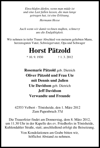 Traueranzeige von Horst Pätzold von Tageszeitung