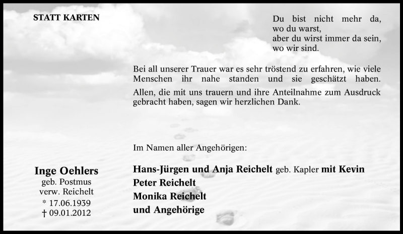  Traueranzeige für Inge Oehlers vom 17.03.2012 aus Tageszeitung