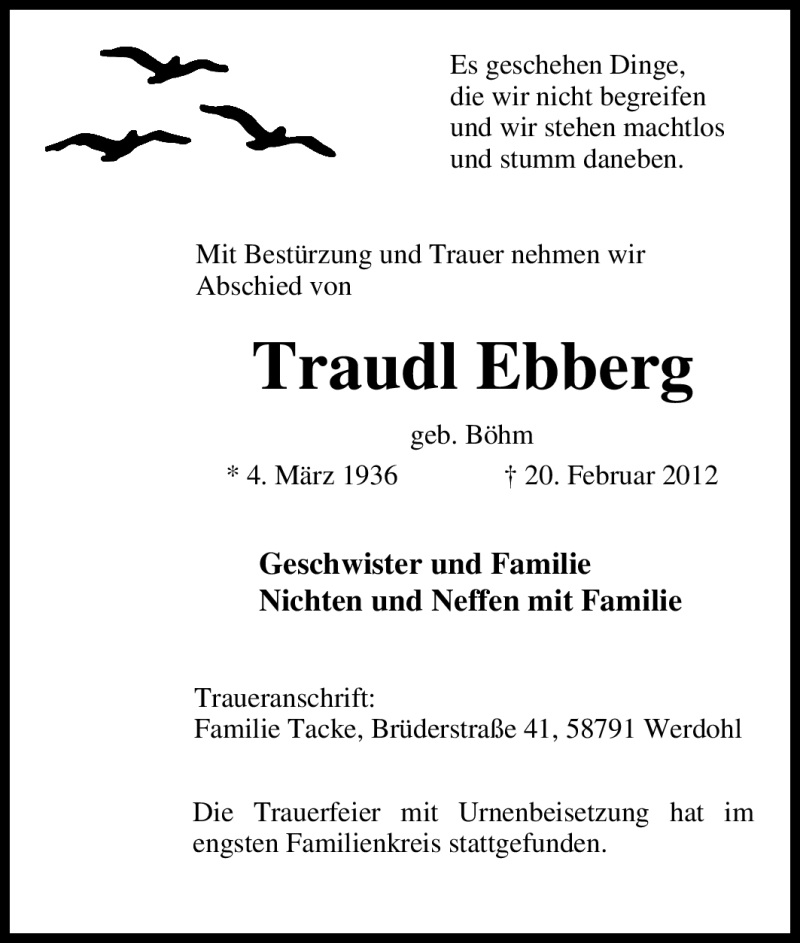  Traueranzeige für Traudl Ebberg vom 03.03.2012 aus Tageszeitung