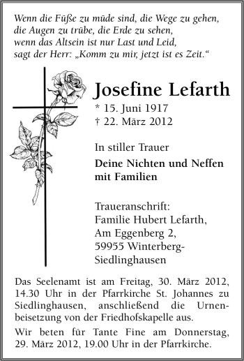 Traueranzeige von Josefine Lefarth von Tageszeitung