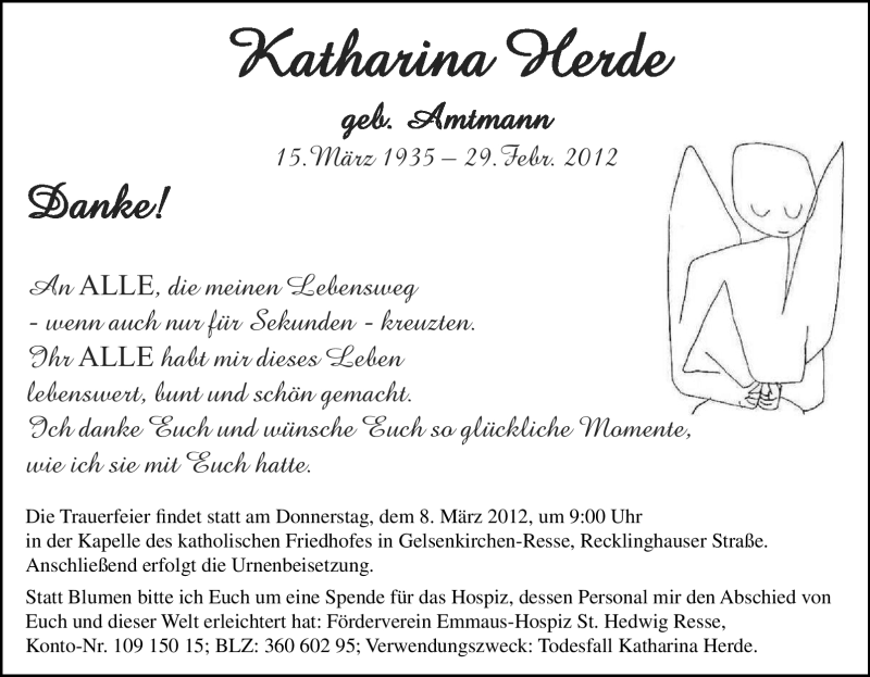  Traueranzeige für Katharina Herde vom 03.03.2012 aus Tageszeitung