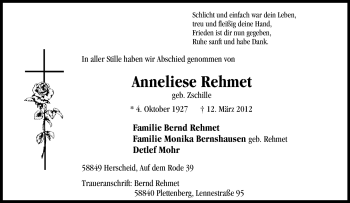Traueranzeige von Anneliese Rehmet von Tageszeitung