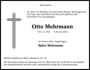 Traueranzeige von Otto Mehrmann von Tageszeitung