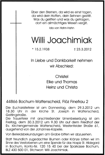 Traueranzeige von Willi Joachimiak von Tageszeitung