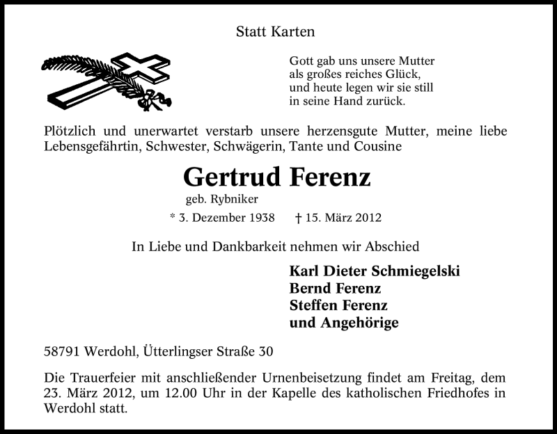  Traueranzeige für Gertrud Ferenz vom 20.03.2012 aus Tageszeitung