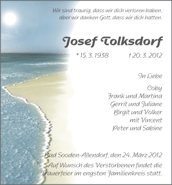 Traueranzeige von Josef Tolksdorf von Tageszeitung