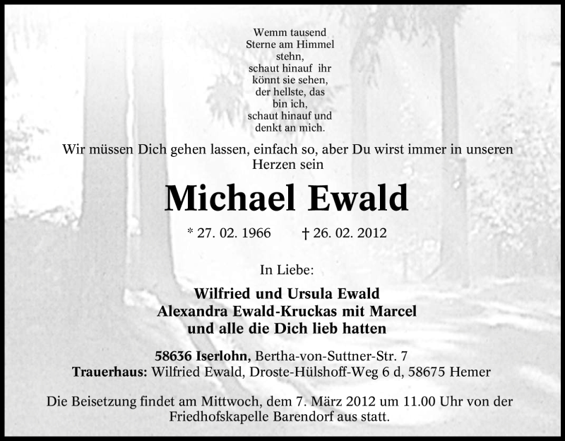  Traueranzeige für Michael Ewald vom 05.03.2012 aus Tageszeitung