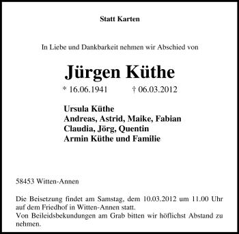 Traueranzeige von Jürgen Küthe von Tageszeitung