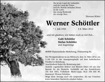 Traueranzeige von Werner Schöttler von Tageszeitung
