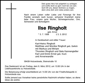 Traueranzeige von Ilse Ringholt von Tageszeitung