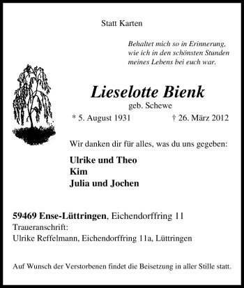 Traueranzeige von Lieselotte Bienk von Tageszeitung