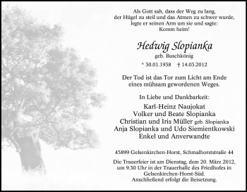 Traueranzeige von Hedwig Slopianka von Tageszeitung