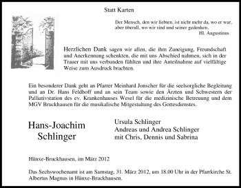 Traueranzeige von Hans-Joachim Schlinger von Tageszeitung