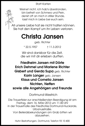 Traueranzeige von Christa Jansen von Tageszeitung