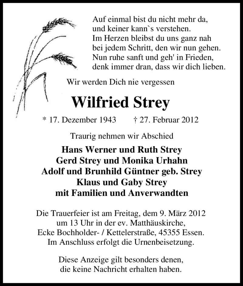  Traueranzeige für Wilfried Strey vom 03.03.2012 aus Tageszeitung