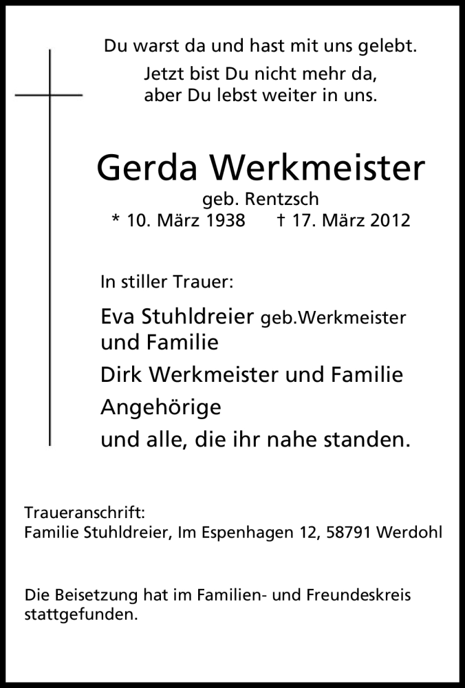  Traueranzeige für Gerda Werkmeister vom 27.03.2012 aus Tageszeitung