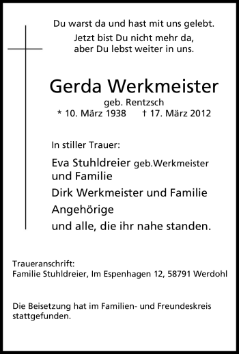 Traueranzeige von Gerda Werkmeister von Tageszeitung