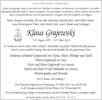 Traueranzeige von Klaus Grajewski von Tageszeitung