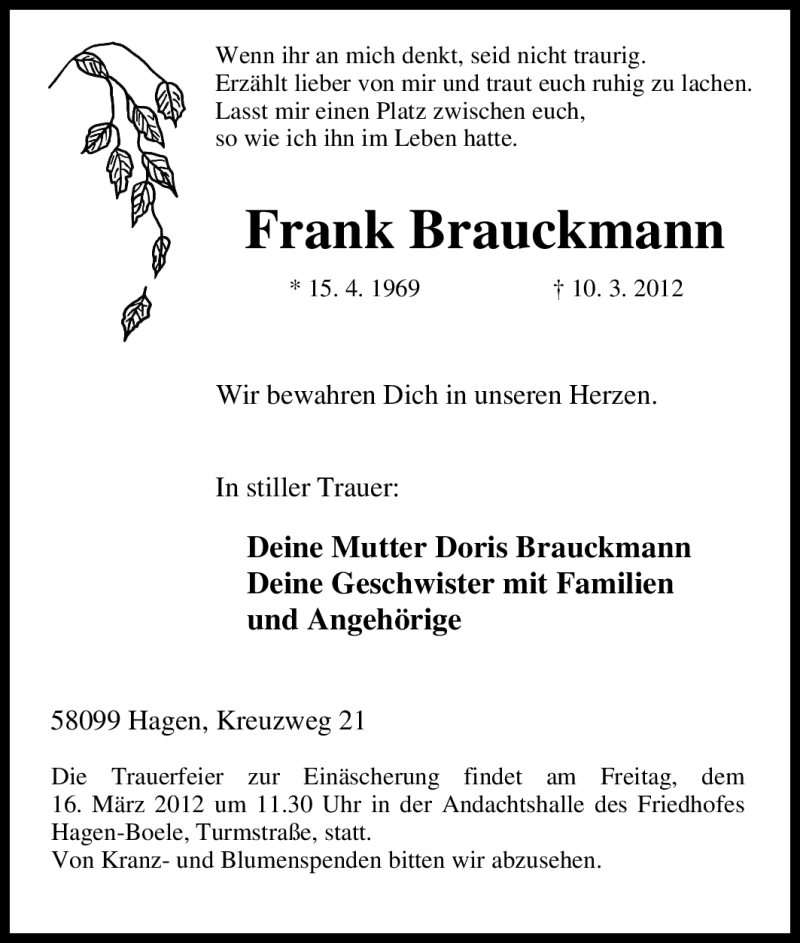  Traueranzeige für Frank Brauckmann vom 13.03.2012 aus Tageszeitung