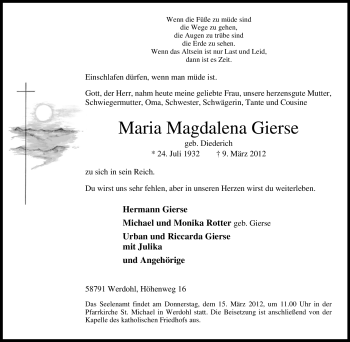 Traueranzeige von Maria Magdalena Gierse von Tageszeitung