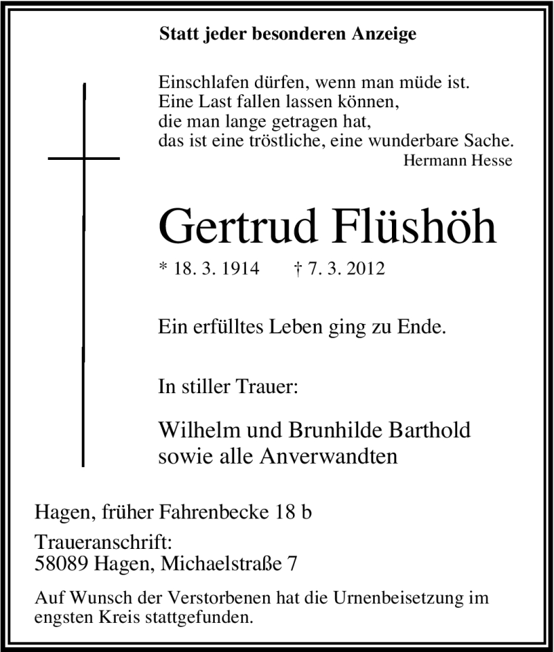  Traueranzeige für Gertrud Füshöh vom 27.03.2012 aus Tageszeitung