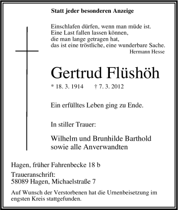 Traueranzeige von Gertrud Füshöh von Tageszeitung