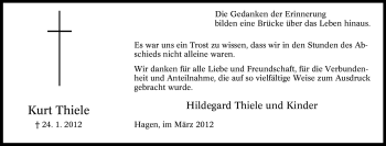 Traueranzeige von Kurt Thiele von Tageszeitung