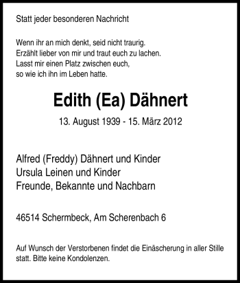 Traueranzeige von Edith Dähnert von Tageszeitung