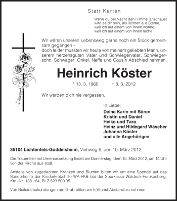 Traueranzeige von Heinrich Köster von Tageszeitung