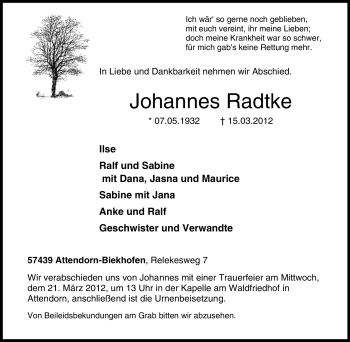Traueranzeige von Johannes Radtke von Tageszeitung