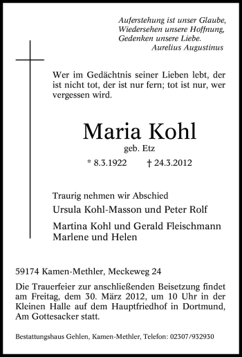 Traueranzeige von Maria Kohl von Tageszeitung