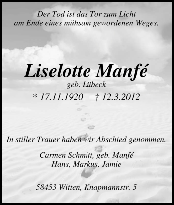 Traueranzeige von Liselotte Manf von Tageszeitung