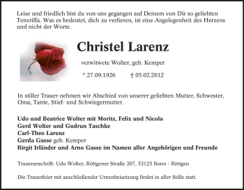 Traueranzeige von Christel Larenz von Tageszeitung