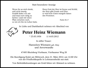Traueranzeige von Peter Heinz Wiemann von Tageszeitung