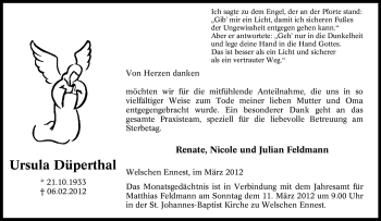 Traueranzeige von Ursula Düperthal von Tageszeitung