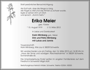 Traueranzeige von Erika Meier von Tageszeitung