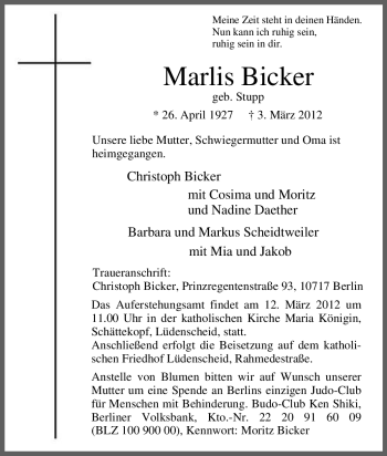 Traueranzeige von Marlis Bicker von Tageszeitung