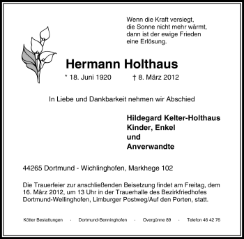 Traueranzeige von Hermann Holthaus von Tageszeitung