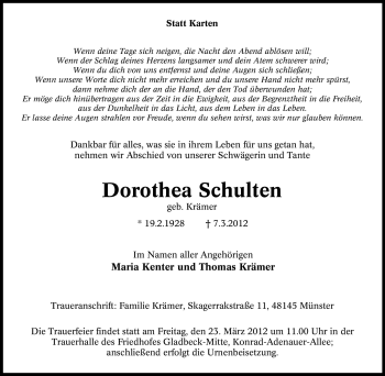 Traueranzeige von Dorothea Schulten von Tageszeitung