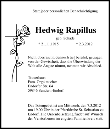 Traueranzeige von Hedwig Rapillus von Tageszeitung