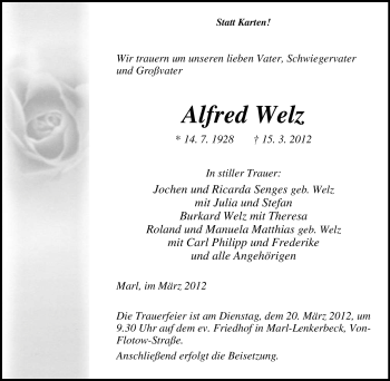 Traueranzeige von Alfred Welz von Tageszeitung
