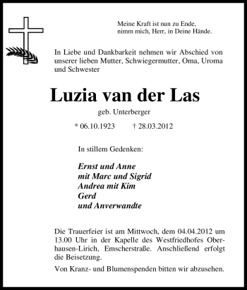 Traueranzeige von Luzia van der Las von Tageszeitung